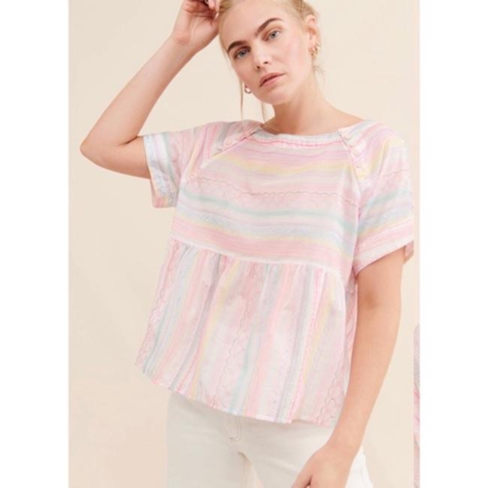 Athropologie Top White Neon Multi Color Letty Embroidered Babydoll Blouse XS